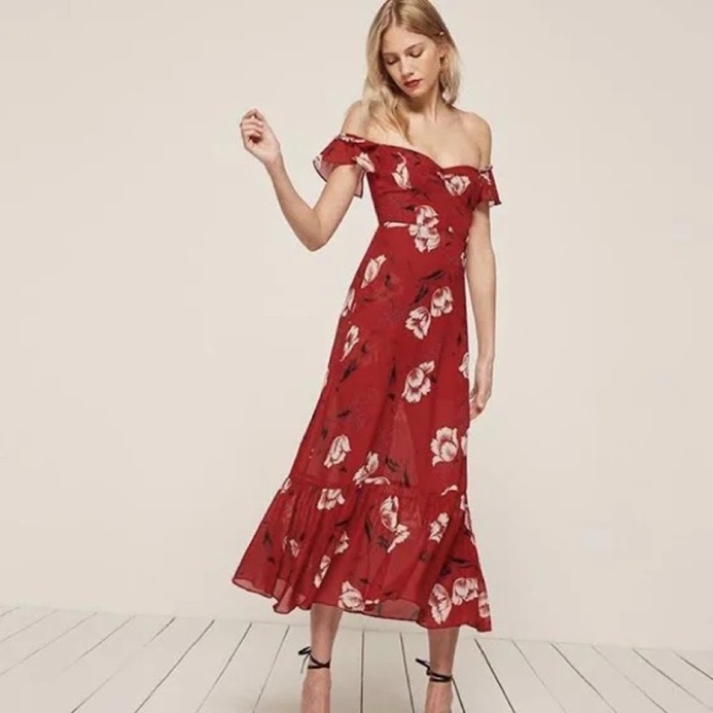Butterfly Reformation Baxley Red Poppy Midi Flowy Dress